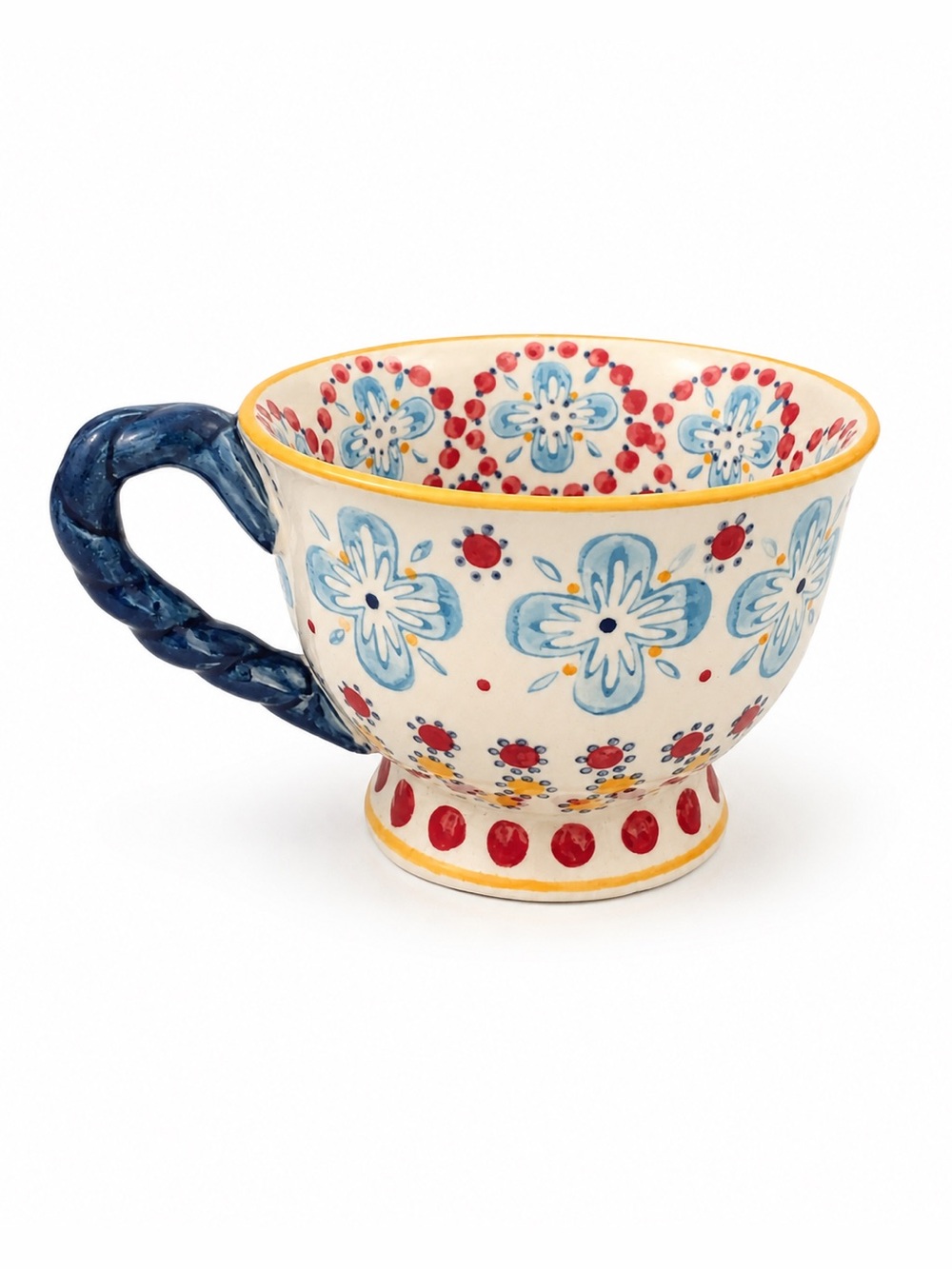 Anthropologie With A Twist Teacup Floral Ceramic Mug Blue Handle Footed Cup
